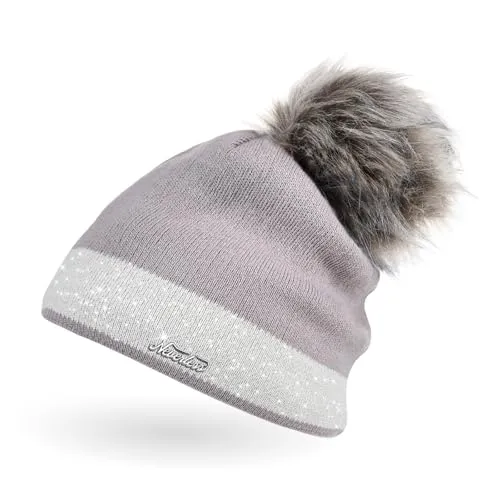 Neverless Damen Strick-Mütze gefüttert mit Fell-Bommel Kunstfell Winter-Mütze Feinstrick Glitzer-Garn Bommelmütze Dunkelbeige-Hellbeige Unisize