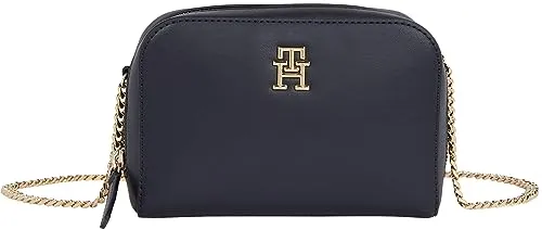 TOMMY HILFIGER BLAUE DAMENTASCHE - Umhängetasche in Blau aus Kunstleder mit goldglänzenden Metallelementen und fester Schulterkette. Ideal für stilvolle Auftritte und praktisches Verstauen.