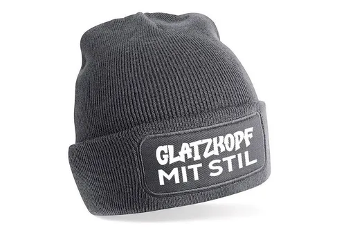 Herzbotschaft Beanie Strickmütze mit Spruch GLATZKOPF MIT STIL (Mütze mit Aufdruck, Skimütze) Unisex SoftTouch angenehm weiche und warme Wintermütze Einheitsgröße