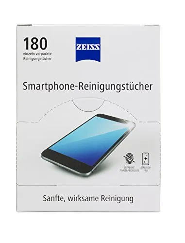 ZEISS Smartphone-Reinigungstücher alkoholfrei 180 Stück zur sicheren & effektiven Reinigung optischer Flächen - jedes Tuch einzeln verpackt - ideal für unterwegs oder auf Reisen
