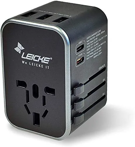 LEICKE Universaler Reiseadapter - Internationaler Reisestecker für 224 Länder - Internationale Netzadapter mit 3 USB A und 2 Typ C Anschlüssen, ideal für das gleichzeitige Laden mehrerer Geräte. Sicher und kompakt für Reisen und Zuhause.
