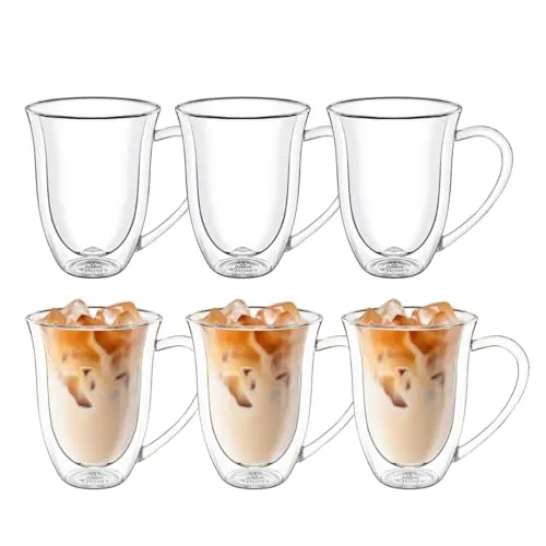 Wilmax Thermogläser mit Henkel 6er Set - Doppelwandige Becher für Heiß- und Kaltgetränke - Kaffee- & Teegläser, doppelwandig für optimale Wärmedämmung und elegantes Design, spülmaschinenfest und ideal für jeden Anlass.