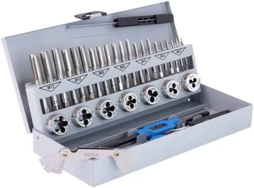 GSR Germany Gewindeschneider GSR 00708070 32-teilig HSS-G metrisch M3 - M12 - Bohrer Set für präzise Innen- und Außengewinde, bestehend aus 7 Gewindebohrern und 7 Schneideisen, aus Hochleistungsschnellstahl für Langlebigkeit und Effizienz.
