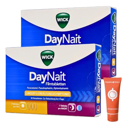 Wick DayNait Erkältungsmittel gegen Fieber, Kopfschmerzen, verstopfte Nase, laufende Nase, Gliederschmerzen I Sparset mit give-away von Pharma Perle (2 x 16 St.)