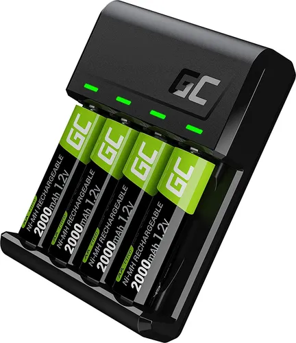 Green Cell VitalCharger Batterieladegerät Ladegerät + 4X AA 2000mAh für NI-MH AA AAA R6 R03 Mignon Akku. Mit Micro USB USB-C. 4-Kanal-Ladesystem - lädt ab 1 bis 4 AA oder AAA, LED-Signalisierung
