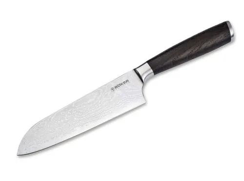 Böker Manufaktur Solingen Damastmesser Meisterklinge Santoku - Chinesisches Kochmesser mit 16,5 cm langer Damast VG-10 Klinge und Griff aus Räuchereiche, ideal für präzises Schneiden und ansprechendes Design.