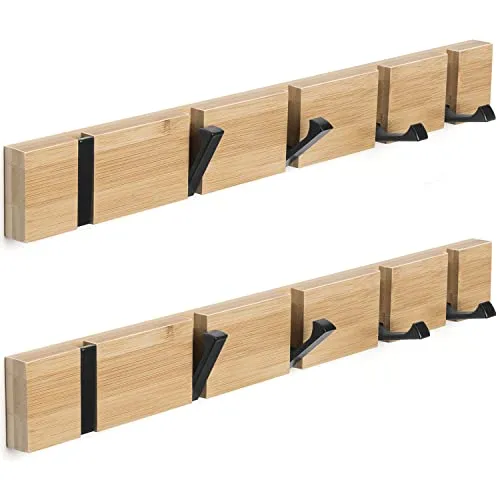 ANVODE 2 Stück Garderobenhaken Holz Wand, Holzplatte Garderobenleiste Faltbarer Kleiderhaken mit 5 Haken für Jacken, Hüte und Handtaschen (42cm)