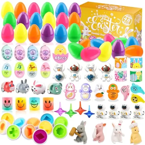 Acuiwer Ostereier Gefüllt 48 Stück Ostereier Plastik Ostereier zum Befüllen für die Osterjagd Ostereier Gefüllt mit 6 Passender Eier & 42 Kinder Spielzeug Ostern überraschungsei Geschenke für Kinder