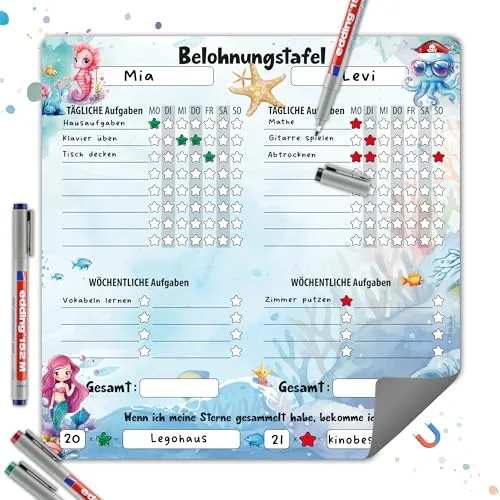 TOBJA Magnetische Belohnungstafel Kinder – Meerjungfrau Design, Routineplaner für 2 Kinder, mit täglichen & wöchentlichen Aufgabe | Inkl. 4 abwischbare Stifte | 30 x 30 cm