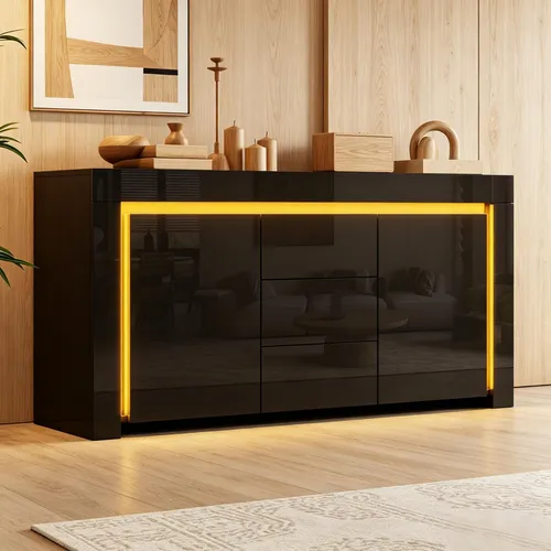MODFU Sideboard mit LED-Beleuchtung, 3 Schubladen & 2 Türen, Hochglanz Schwarz