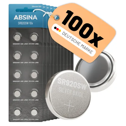 ABSINA SR920SW Uhrenbatterie 1,55V Silberoxid - Langlebige Knopfzelle für vielseitige Anwendungen - Batterien - Die ABSINA SR920SW bietet hohe Langlebigkeit und zuverlässige Leistung, ideal für Uhren, medizinische Geräte und mehr, temperaturfest von -20°C bis +60°C.