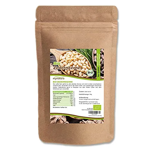 Mynatura Bio Zedernkerne Pinienkerne ganz naturbelassen | Sibirische Wildsammlung | Vegan | Ohne Zusätze | Proteinquelle | Pinus sibirica | Für Salat, Pesto, Rührei, Snack | DE-ÖKO-044 (500g)