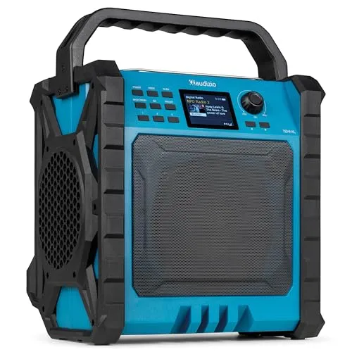 Audizio Jobsite XL - Baustellenradio DAB Plus Radio mit Bluetooth 5.0, Akku 15h, 200 Watt, IP54 Wasserdicht, Smartphone-Ladefunktion, Tragegriff, FM, DAB+ mit AUX & USB, Outdoor Radio
