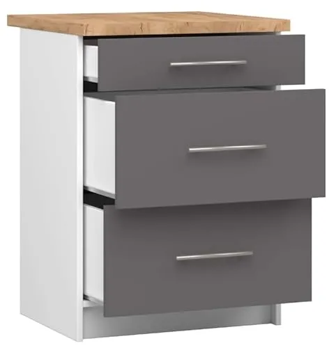 BDW - Küchenschrank Weiß/Grau - Schrank Küche mit Arbeitsplatte und Schubladen - Schrank 60 cm breit, 85 cm hoch - Küchenschränke Einzeln, Küchenmöbel Einzelteile