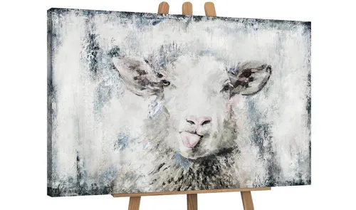 YS-Art Gemälde Glückliches Schaf, Tiere, Leinwand Bild Handgemalt Tier Rosa Blau Schwarz