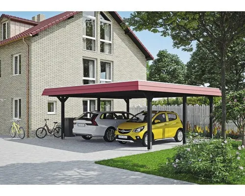 Doppelcarport SKAN HOLZ Wendland mit roter Blende - Geräumiger Doppelcarport (630 x 637 cm) mit anthrazitfarbenem Flachdach und stabilen Pfostenankern – ideal für den Schutz Ihrer Fahrzeuge.