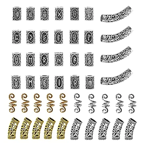 Pamtns 48 Stücke Bartperle Wikinger Bart Perlen Wikinger Rune Bart Perlen Antike Nordische Haarschlauch Perlen Dreadlocks Perlen Flechten Runenperlen für Haar Flecht