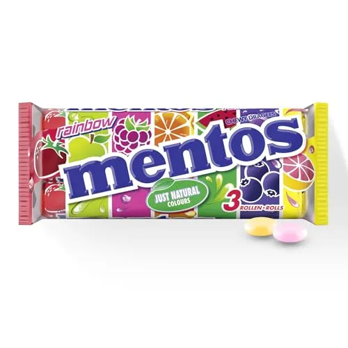 Mentos Fruit Dragees, Frucht-Bonbons Orange, Zitrone und Erdbeere, Kaubonbons mit fruchtigem Geschmack, Süßigkeiten (3 Rollen), vegan