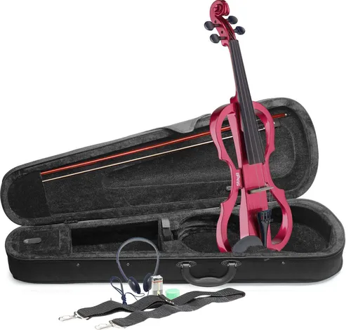 Stagg EVN x-4/4 MRD Elektrische Violine Outfit – Rot - Noten für Violine solo, hochwertige e-Violine in vollem Format mit rotem Metallic-Finish, inklusive Kopfhörer, Tasche, Bogen und Kolophonium für besten Klang.