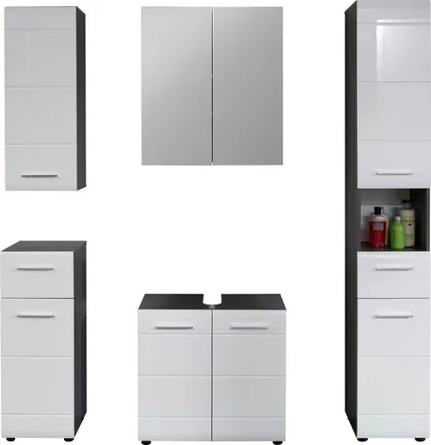 INOSIGN Badmöbel-Set Sovana, 5-teilig - Badmöbel-Set in eichefarben rauchsilber/weiß Hochglanz, mit hochwertiger Ausstattung und FSC®-zertifiziertem Holzwerkstoff für umweltbewusste Käufer.