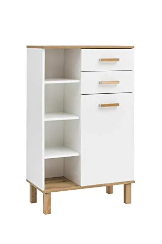 Schildmeyer Badschrank Padua 142177 - Stehend in Weiß - Bad-Kommode mit 6 Fächern, 2 Schubladen und viel Stauraum für Handtücher und Kosmetik. Hergestellt aus feuchtigkeitsbeständigem MDF mit Massivholzgriffen. Ideal für ein stilvolles Bad!