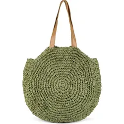 styleBREAKER runde Damen Basttasche mit langen Henkeln - Damen-Schultertaschen mit Boho-Charme - Geflochtene Korbtasche in Oliv, ideal für Strand und Alltag, großes Hauptfach mit Reißverschluss für sichere Aufbewahrung.