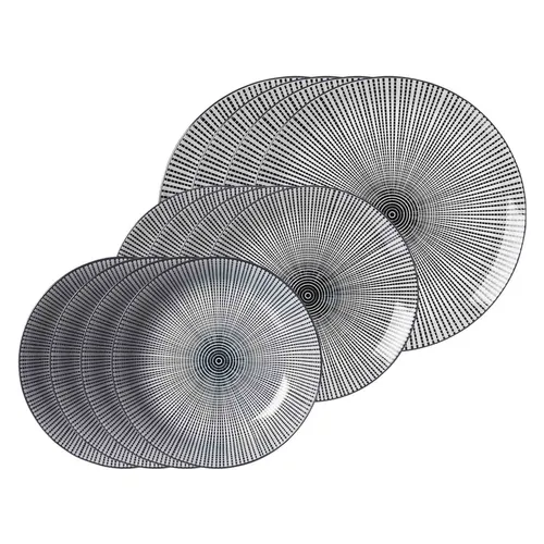 Ritzenhoff & Breker Teller-Set Takeo Stripes 12er Set - Services: 12-teiliges Teller-Set im modernen asiatischen Design, ideal für stilvolle Tischgestaltungen und kreative Mix & Match-Kombinationen.