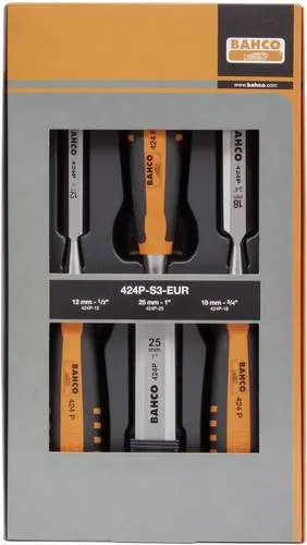 Bahco Stechbeitel-Satz 424P-S3-EUR, 12-18-25mm - Sonstige Handwerkzeuge mit 2-Komponenten-Griff für optimale Handhabung und präzisionsgeschliffene Schneide für maximale Schärfe. Ideal für langlebige und präzise Arbeiten.