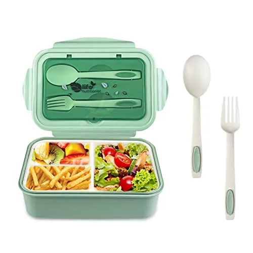 Newpop brotdose mit 3 fächern und Löffel Gabel 1400 ml, lunchbox, grün | Auslaufsicher BPA-frei, bento box für Mikrowellengeeignet, brotbüchse frühstücksbox zum Erwachsene Kinder Schule Arbeit