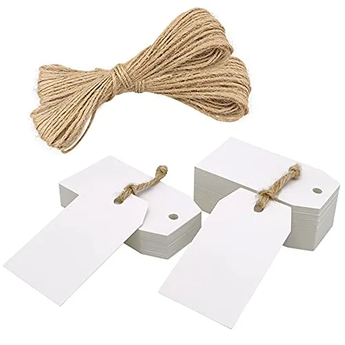 jijAcraft Geschenkanhänger Kraftpapier Weiß Anhänger Etiketten 7x4 cm Tags und 20 Meter Juteschnur, für Basteln Weihnachts Hochzeits Geschenke (100 Stück)