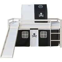 Homestyle4u Hochbett 90x200 mit Rutsche und Piratenvorhang - Kreatives Kinderhochbett aus massivem Kiefernholz mit sicherer Absturzsicherung, Rutsche und aufregendem Piratenvorhang. Ideal für kleine Räume und Abenteuerträume!