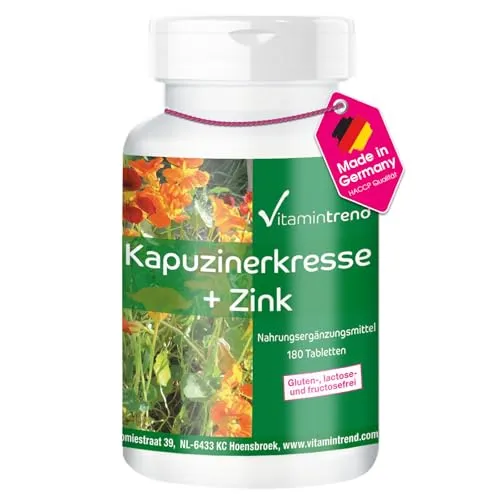 Vitamintrend Kapuzinerkresse Extrakt 500mg mit Zink, 180 Tabletten, hochdosiert 10:1, Nahrungsergänzungsmittel vegan ohne Magnesiumstearat, in Deutschland hergestellt