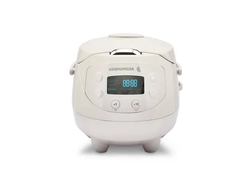 Reishunger Reiskocher - Digitaler Mini Reiskocher mit Timer und Warmhaltefunktion - Reiskocher mit 350 W, 8 Kochprogrammen und Dämpfeinsatz für perfektes Garen von Reis, Gemüse und mehr. Leicht zu reinigen und modernes Design.