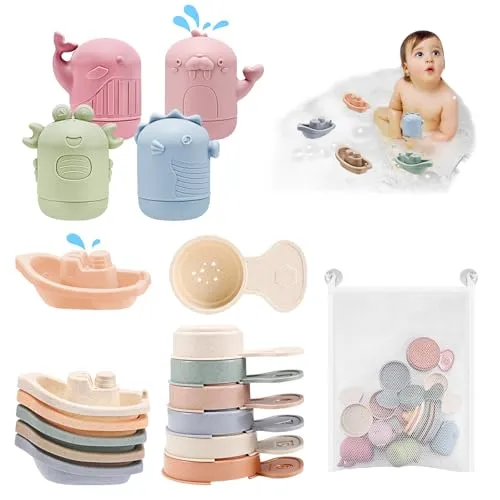 Stück Badewannenspielzeug,Baby Badespielzeug mit Spritztiere Boote Badelöffeln,Baby Silikon Wasserspielzeug Kinder,Schwimmbad Badewanne Bad Spielzeug für Jungen Mädchen 3 Jahre 16