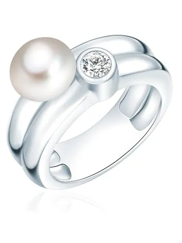 Valero Pearls Damen Perlenring aus 925/- Sterling Silber - Eleganter Perlenring aus hochglanzpoliertem 925er Sterlingsilber mit einer beeindruckenden Süßwasser-Zuchtperle und funkelndem Zirkonia, ideal für stilbewusste Damen.