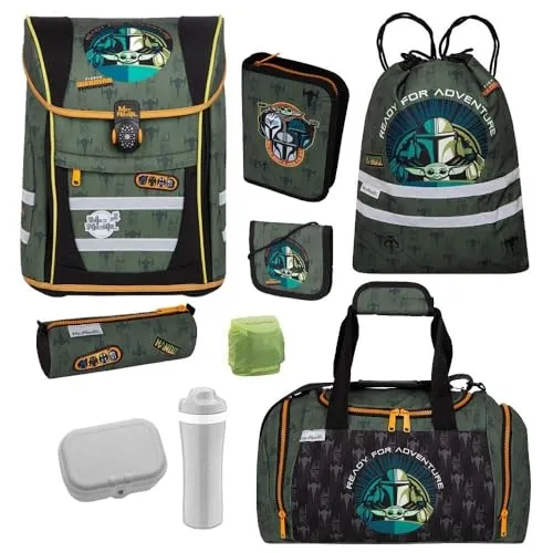 Familando McNeill Schulranzen Set 1. Klasse - Ergonomischer Tornister für Jungen & Mädchen - Schultaschen-Set (9-teilig) mit Mandalorian Design, inklusive Sporttasche und ergonomischer Passform für optimalen Tragekomfort. Ideal für die Einschulung!