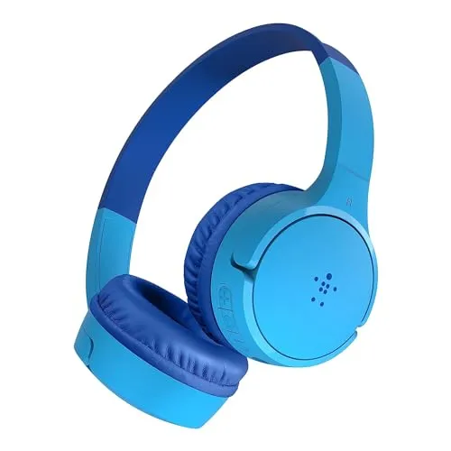 Belkin SoundForm Mini Kopfhörer, blau, On-Ear, Bluetooth mit Mikrofon - Robuster Kinder-Kopfhörer mit sicherer Lautstärkebegrenzung auf 85 dB, ideal für den Schutz des Gehörs. Genießen Sie kabelloses Hören mit 28-30 Stunden Akkulaufzeit und schnellem Aufladen.