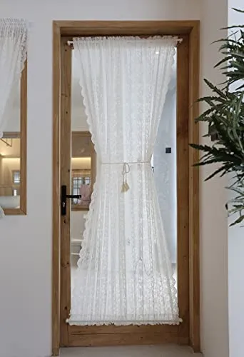 Devola Scheibengardine Lang Balkontür Vorhang Transparent mit Spitze Türgardine mit stangendurchzug französischer Türvorhang Fensterschal Küche Weiße Gardinen für terrassentür BxH 140x122cm 1 Stück
