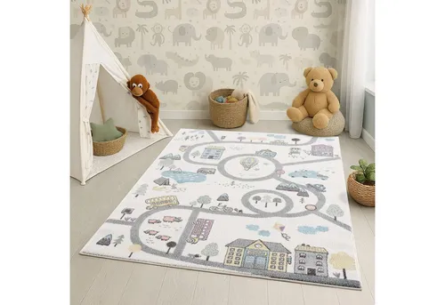 Kinderteppich Straßen-Stadt-Motiv 160x230 cm Creme Multi - Teppich fürs Kinderzimmer mit glanzvollem Design, ideal als weiche Spielunterlage und schadstoffgeprüft für unbeschwertes Spielen.