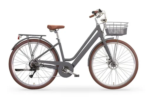 MBM Elektro-Citybike New LA RUE 2.0, grau - Stylisches und leichtes Elektro-Citybike mit vollintegriertem Akku und hoher Reichweite von bis zu 80 km. Ideal für Stadt und Land, ausgestattet mit 7-Gang Shimano Schaltung und geräuscharmem Heckmotor für optimalen Fahrkomfort.