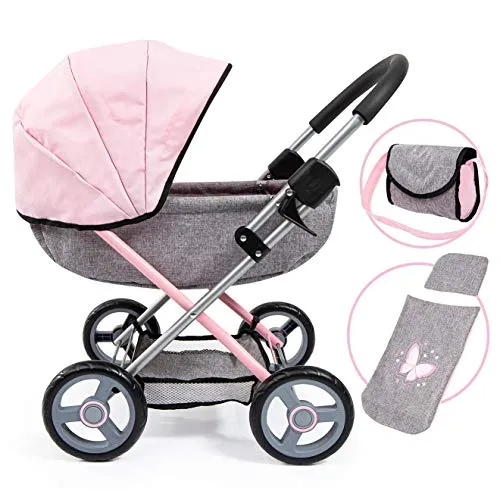 Bayer Puppenwagen Cosy, grau/rosa mit Wickeltasche - Standard-Puppenwagen, leicht transportierbar und zusammenklappbar, ideal für Puppen bis 46 cm, inklusive Bettdecke, Kissen und Umhängetasche für zusätzlichen Komfort.