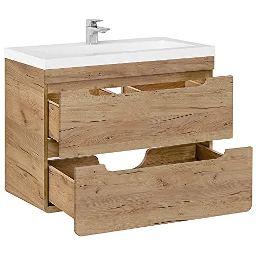 Lomadox Badmöbel Waschtisch Unterschrank Set - Unterschrank fürs Bad in Wotan Eiche Nb. mit 81 cm Keramik-Waschbecken, 2 Softclose-Schubkästen und grifflosen Design für eleganten Stauraum.