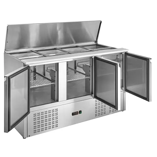 GastroHero Saladette ECO 1370 - Kühlschrank mit 3 Türen aus Edelstahl, ideal für Gastronomie. Hohe Funktionalität, digitale Temperaturanzeige und umweltfreundlicher Energieverbrauch für optimale Kühlung.
