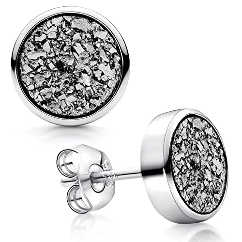 Materia Glitzer Ohrstecker Damen rund aus 925 Silber - Elegante Ohrringe mit glitzerndem Druzy Quarz, rhodiniert für Anlaufschutz. Perfekt als Geschenk in hochwertiger Schmuck-Schachtel. Durchmesser: 9mm.
