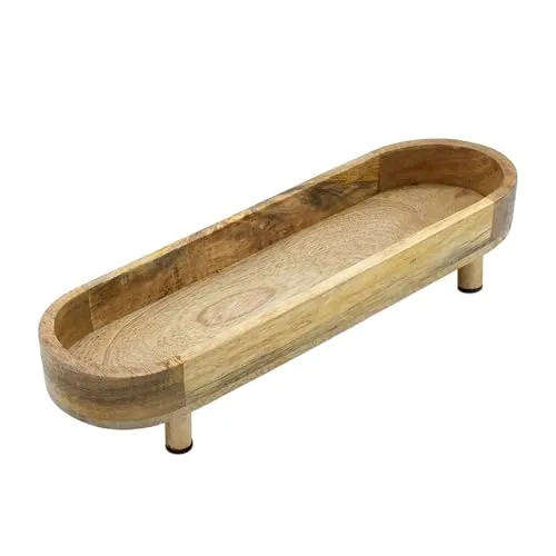 Spetebo Mango Schale oval natur lebensmittelecht - 40 x 13 cm - Holz Serviertablett länglich mit 4 Füßen - Servierschale Obstschale Dekotablett Kerzentablett