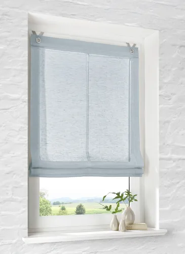 Raffrollo Brondy blau halbtransparent mit Ösen – 60 cm x 140 cm - Stylisches Raffrollo in Leinenoptik aus 100% Polyester, halbtransparent für sanftes Licht. Pflegeleicht und ohne Bohren montierbar, ideal für moderne und klassische Einrichtungsstile.
