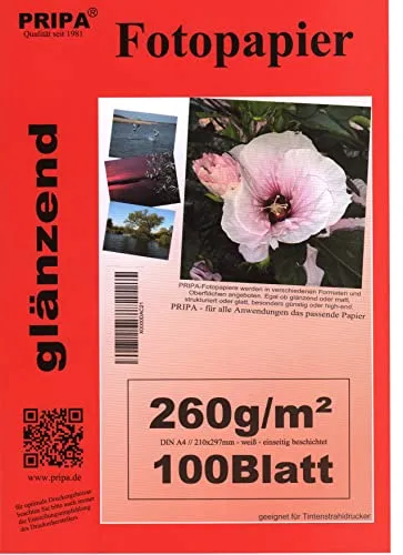pripa 100 Blatt Fotopapier DIN A4, 260g/qm, high -glossy glaenzend -sofort trocken -wasserfest-hochweiß-sehr hohe Farbbrillianz, fuer InkJet - Tinten Drucker