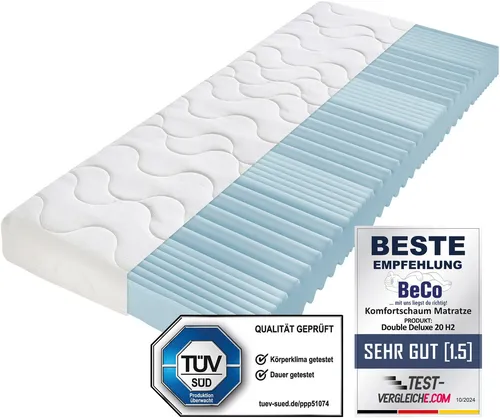 Komfortschaummatratze Double Deluxe 20, 90 x 200 cm, Härtegrad H4 - Matratze mit 7 ergonomischen Liegezonen für optimalen Schlafkomfort, punktelastisch und atmungsaktiv, ideal für schwere Personen bis 140 kg, waschbarer Bezug bis 60°C, Allergiker geeignet.