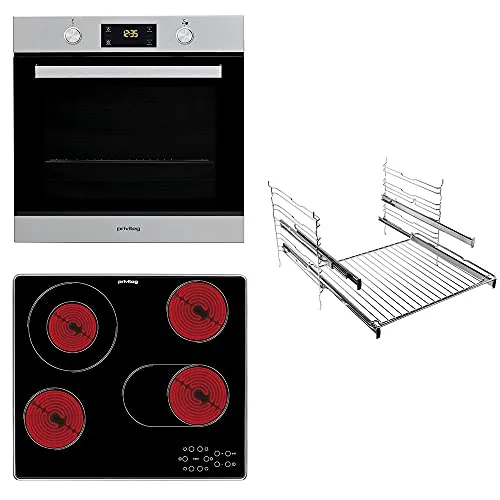 Privileg BAKO Turn&Cook 400 Einbau-Backofen mit Glaskeramik-Kochfeld/ 71 L/Pyrolyse-Reinigungsfunktion/Heißluftbackofen mit 10 Funktionen / 2-fach Teilauszug/Maxi Cooking silver