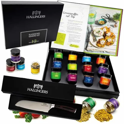 Hallingers 12er Gewürz-Geschenk-Set, Gewürze & Premium-Messer & Kochbuch - Made in Germany